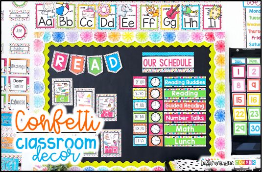 confetti rainbow classroom decor decorations, confetti bulletin board ideas