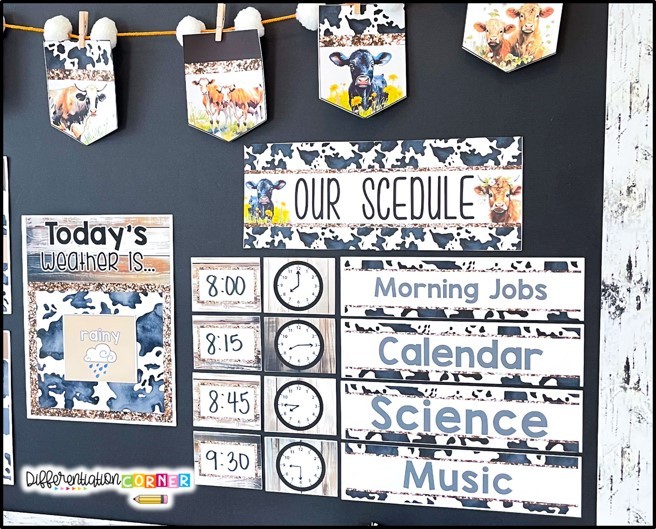 Creating a Cozy Classroom: Cow Print Classroom Decorations for a Warm and Welcoming Environment 3 cow print decor highland cow decorations farmhouse classroom decor cowboy classroom theme farm themed classroom decorations Cow print stuff cow print aesthetic classroom theme ideas classroom decor ideas daily schedule cards