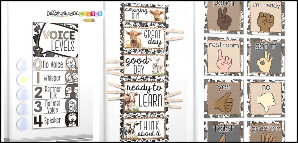 Creating a Cozy Classroom: Cow Print Classroom Decorations for a Warm and Welcoming Environment 6 cow print decor highland cow decorations farmhouse classroom decor cowboy classroom theme farm themed classroom decorations Cow print stuff cow print aesthetic classroom theme ideas classroom decor ideas classroom management voice level chart hand signals posters