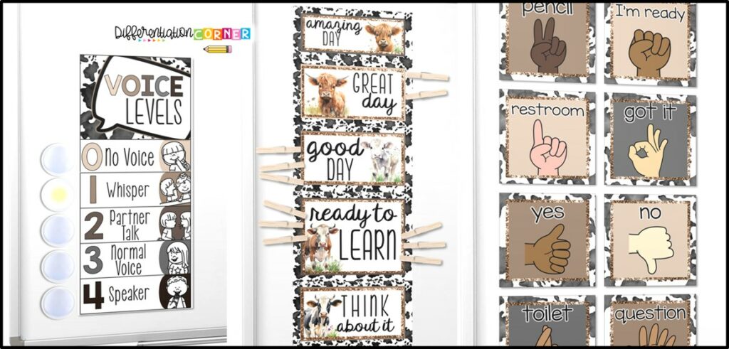 cow print decor highland cow decorations farmhouse classroom decor cowboy classroom theme farm themed classroom decorations Cow print stuff cow print aesthetic classroom theme ideas classroom decor ideas classroom management voice level chart hand signals posters