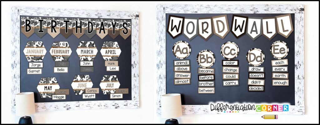 Creating a Cozy Classroom: Cow Print Classroom Decorations for a Warm and Welcoming Environment 9 cow print decor highland cow decorations farmhouse classroom decor cowboy classroom theme farm themed classroom decorations Cow print stuff cow print aesthetic classroom theme ideas classroom decor ideas birthday display sight word wall