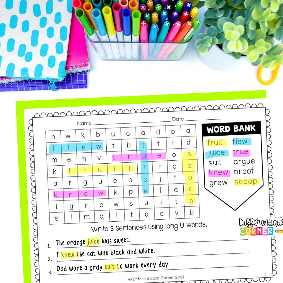 long u worksheets, long u words, long u sounds