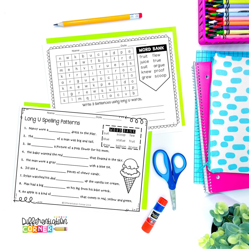long u worksheets, long u words, long u sounds