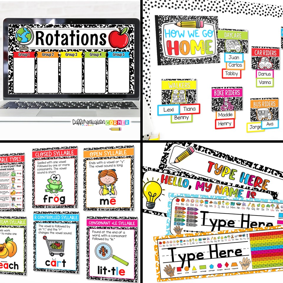 composition notebook classroom decor theme composition notebook bulletin board daily slides dismissal chart name plates