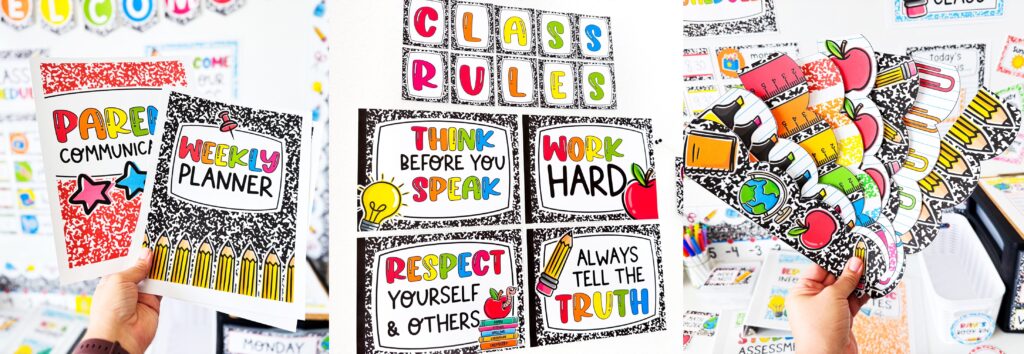 Colorful Classroom Without the Chaos (10 Decor Ideas That Actually Work) 1 colorful classroom decor colorful classroom themes colorful classroom ideas composition notebook classroom decor school supplies themed classroom