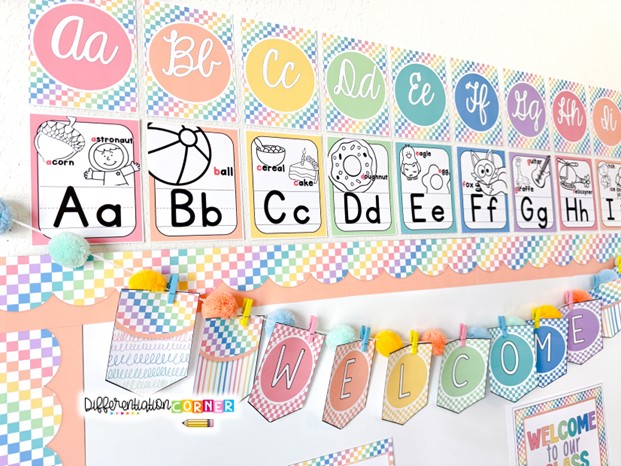 What To Hang First? A Classroom Setup Guide for Teachers 1 classroom setup elementary classroom organization classroom setup ideas calming checkered pastel classroom decor alphabet posters