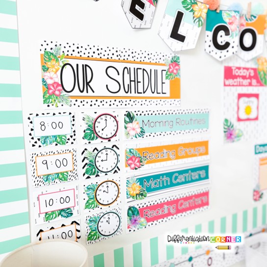 What To Hang First? A Classroom Setup Guide for Teachers 3 classroom setup elementary classroom organization classroom setup ideas tropical classroom daily schedule cards